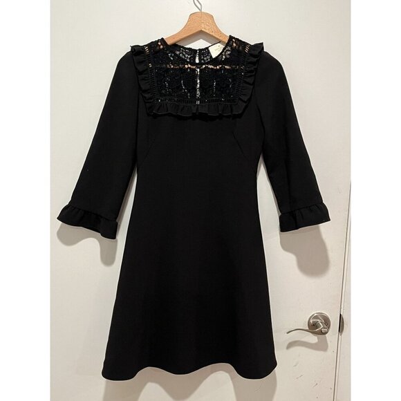 Kate Spade Black Ruffle Trim 3/4 Sleeves Lace Yoke Dress Women's Size 0 - Picture 2 of 11